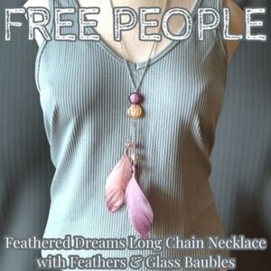FREE PEOPLE Vintage Long Silver Chain, Feathers & Glass Beads Boho Necklace NWT